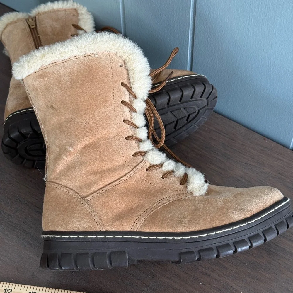 Natural Reflections Shearling-Lined Suede Leather Winter Boots Womens 6 Fur Trim